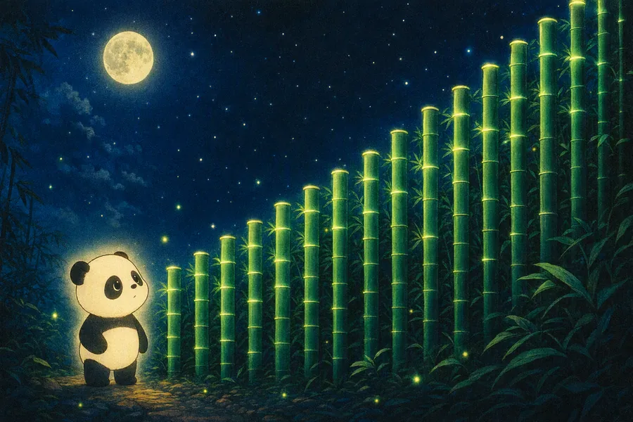 Bamboo stalks rising like a green chart, panda looking up