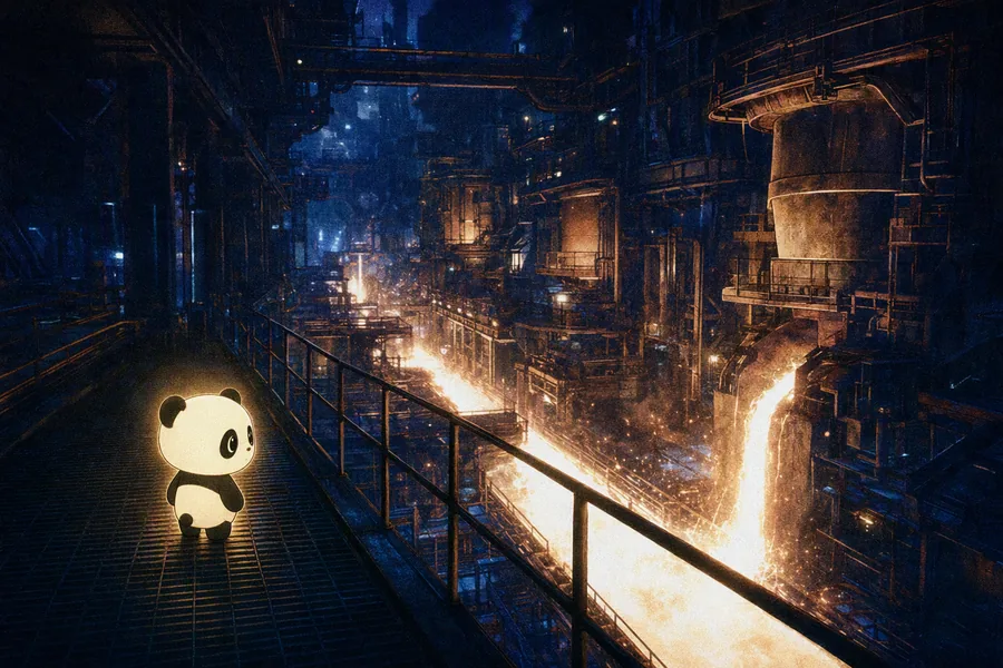 Panda on a walkway above a river of molten silicon
