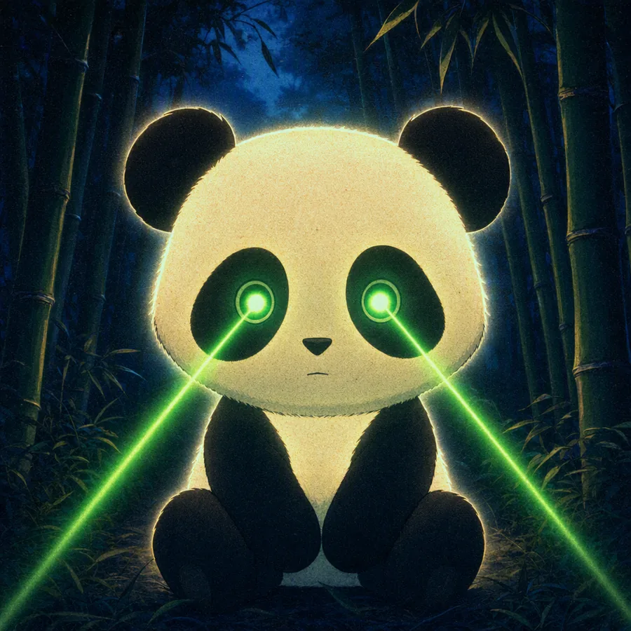 Glowing panda with bright green laser eyes in a bamboo grove