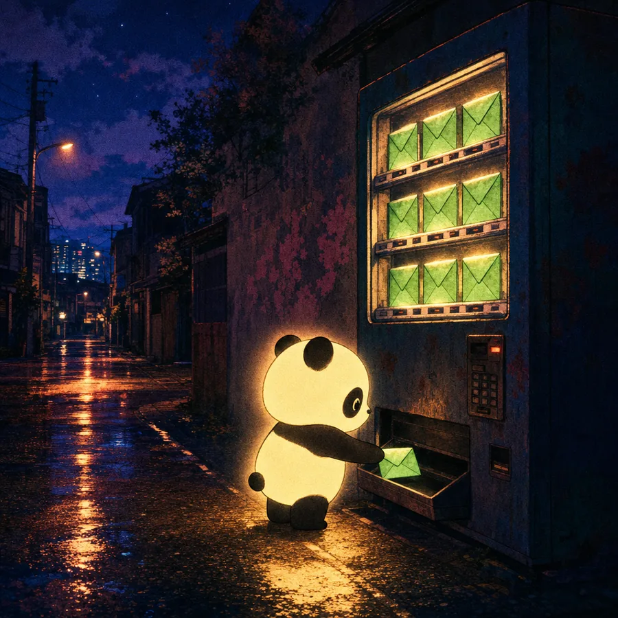Panda taking a glowing green envelope from a vending machine
