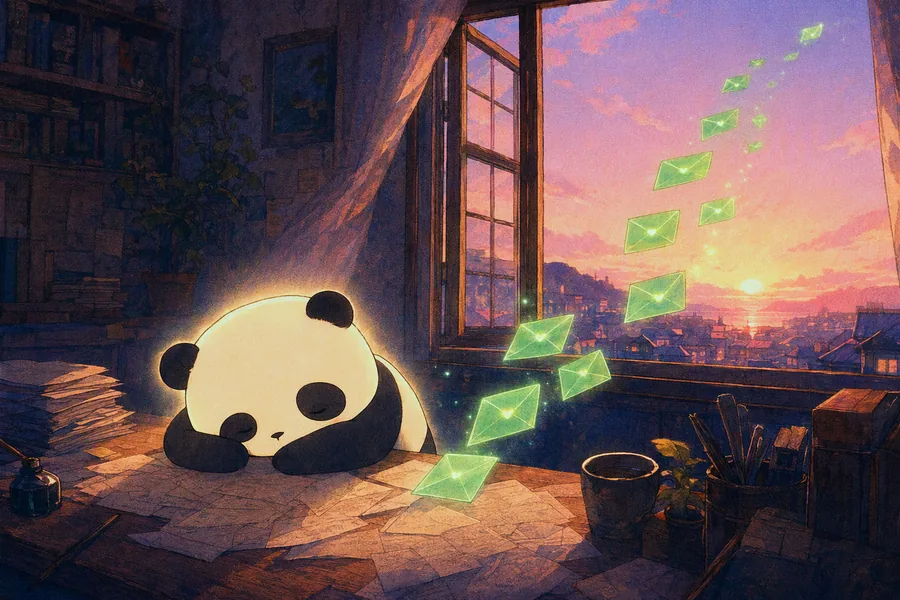 Panda asleep at its desk while envelopes fly out the window at dawn
