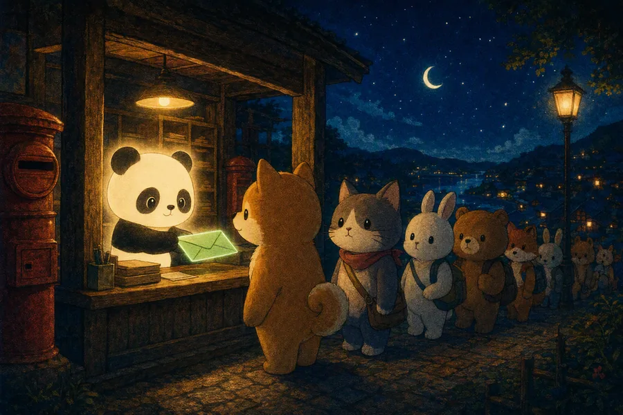 Animals queueing at the panda post-office counter at night