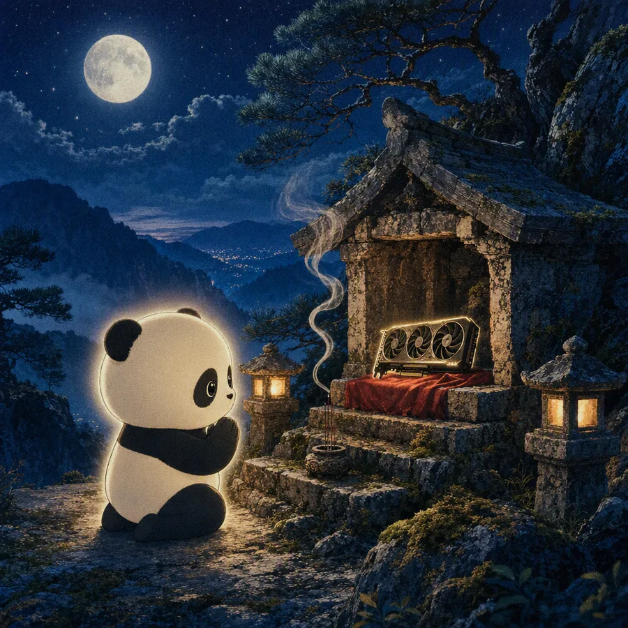 Panda praying at a mountain shrine holding a glowing graphics card