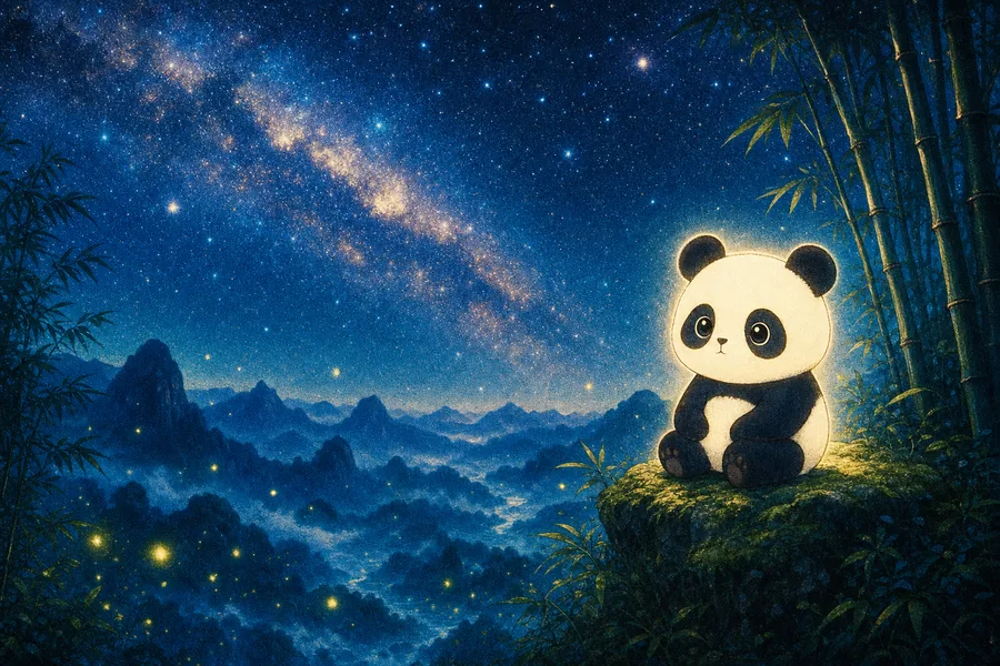 Glowing panda sitting on a mossy summit under the milky way