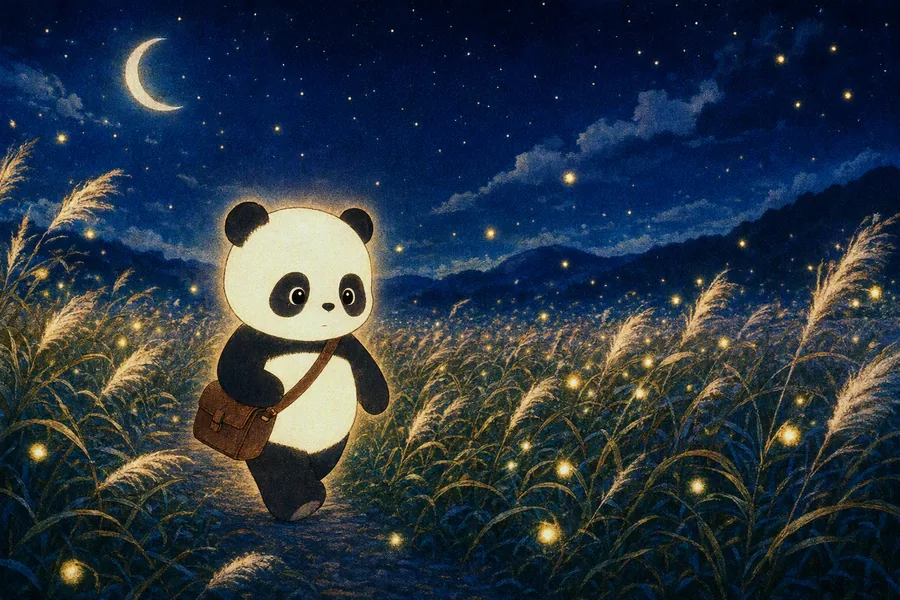 Glowing panda in a meadow of green fireflies, wallpaper