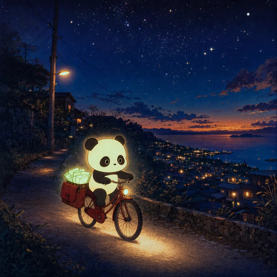 Glowing panda riding a red postal bicycle at night
