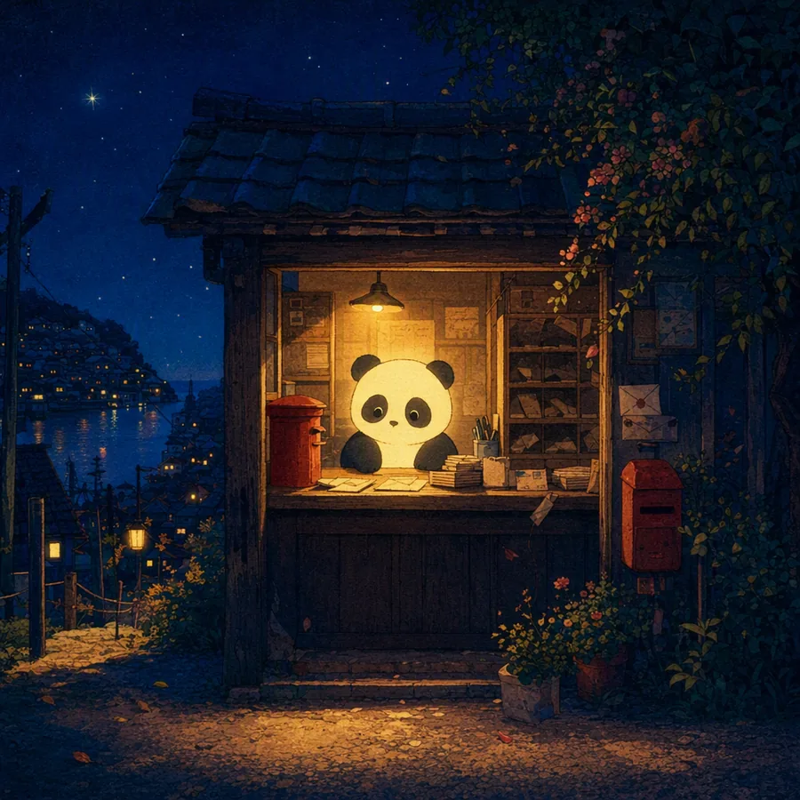 Glowing panda behind a tiny post-office counter at night