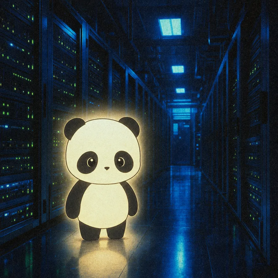 Tiny glowing panda in a datacenter aisle of green lights