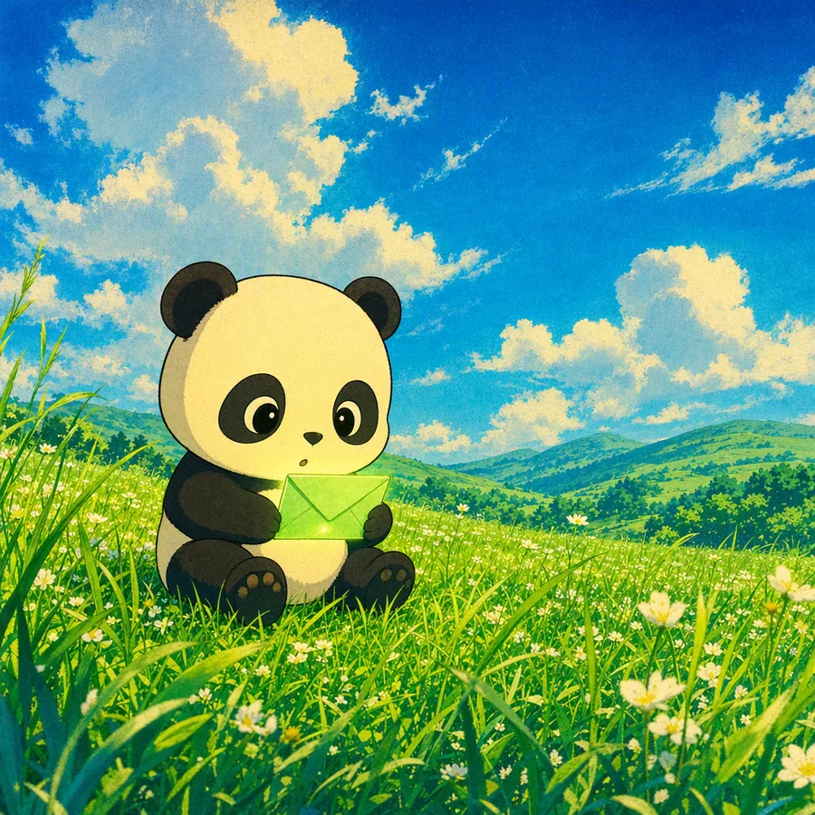 Glowing panda chewing bamboo in a sunlit meadow
