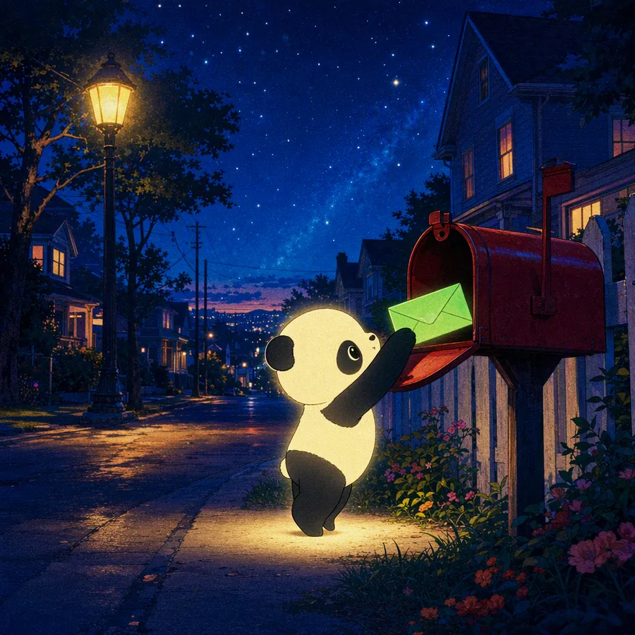 Glowing panda slipping a green envelope into a mailbox at night