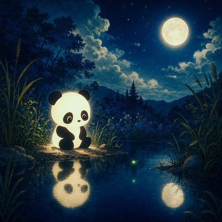 Glowing panda reflected in a still night pond