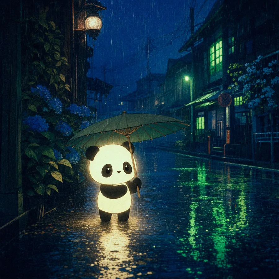 Glowing panda under an umbrella in night rain