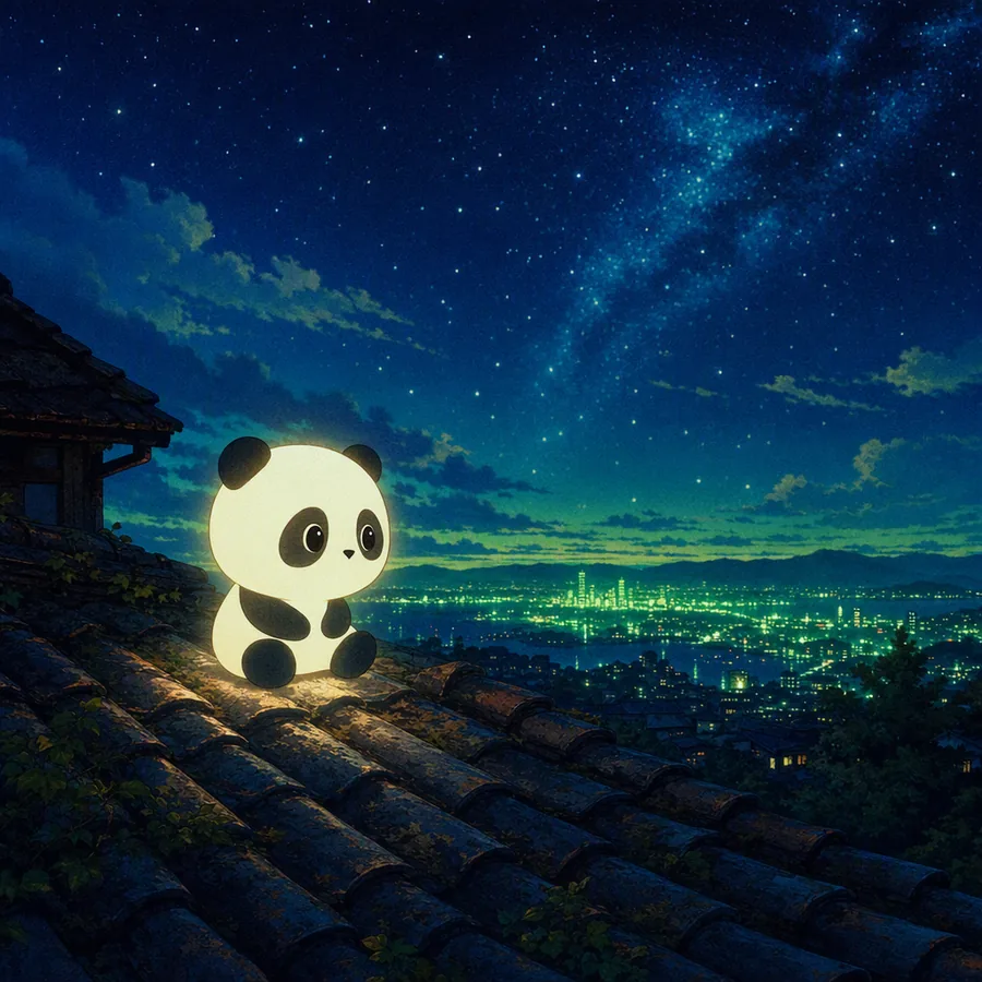 Glowing panda on a rooftop watching a green city