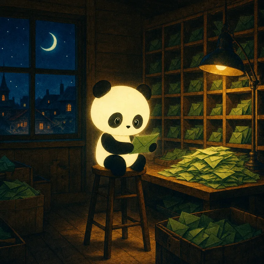 Glowing panda sorting green envelopes in a tiny mailroom