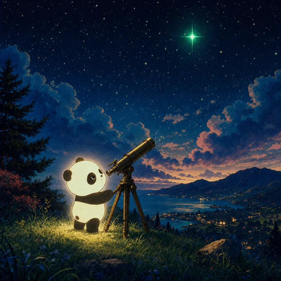 Glowing panda at a telescope under a green star