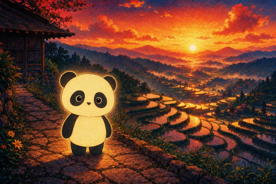 Tiny glowing panda over emerald rice terraces at sunset