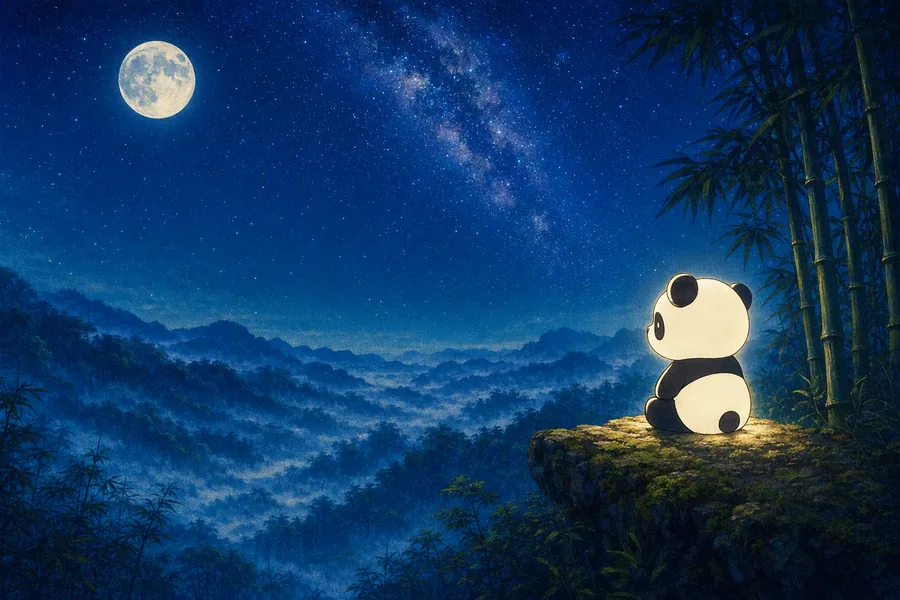 Panda on a cliff over a bamboo valley under the moon