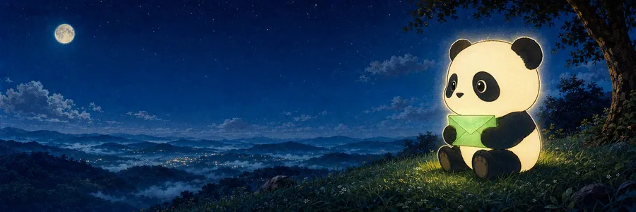 Panda under the moon among green fireflies, X header 1500x500